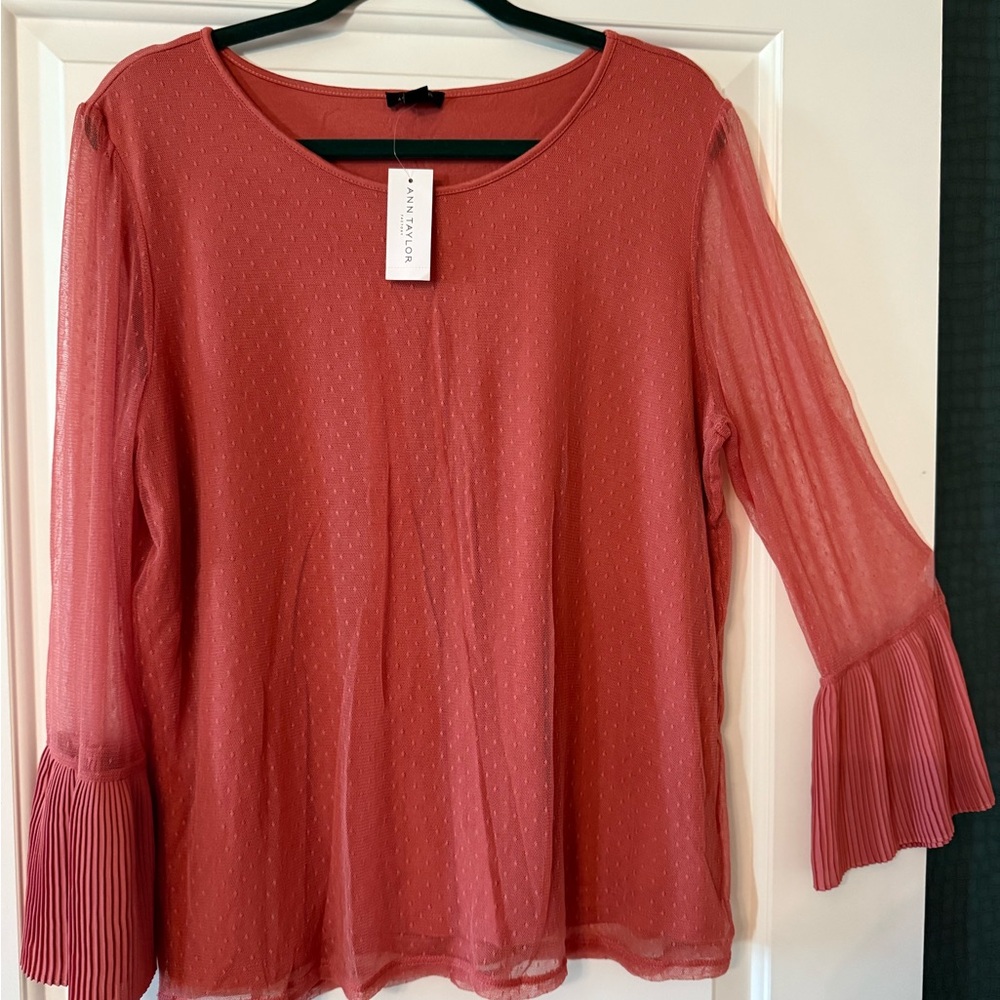 LOFT Pink Textured Blouse with Pleated Sleeves